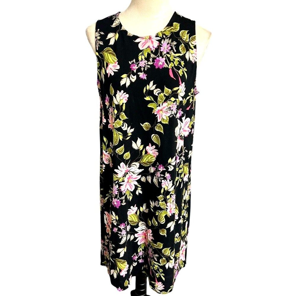 J.Jill Wearever Collection Black Floral Rayon Stretch Sleeveless Dress Womens M